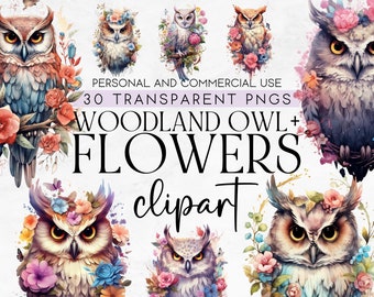 Puede incluir: Un conjunto de 30 imágenes de clipart digitales que presentan ilustraciones de acuarela de búhos con coronas de flores. Los búhos se representan en varias poses y colores, con una variedad de flores y follaje que los rodean. Las imágenes son perfectas para manualidades, scrapbooking y otros proyectos creativos.