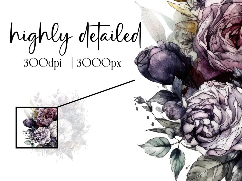 20 Dark Floral Clipart, Dark and Moody Florals, Commercial Use Clipart, PNG Clipart, Halloween Florals, Dark Wedding Flowers for Invitation image 5