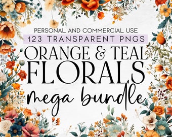 123 Teal and Orange Floral Clipart Bundle, Orange Flowers Border Png, Orange Flower Corners, Commercial Use Clipart, Floral Borders, Wedding