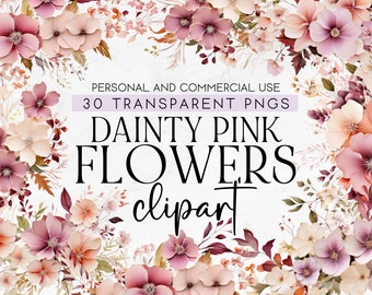 30 Dainty Pink Flowers Clipart, Commercial Use Clipart, Transparent PNG, Blush Pink Flowers PNG, Pink Flower Clipart, Pink Flowers Border