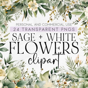 24 Sage Green and White Florals Clipart, Wedding Clipart, Wedding Flowers, Commercial Use Clipart, Transparent PNG, Instant Download,