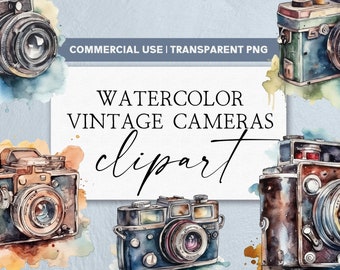 May include: Watercolor clipart of vintage cameras. The cameras are painted in shades of brown, blue, and green with watercolor washes. The text "WATERCOLOR VINTAGE CAMERAS clipart" is written in black on a white background.