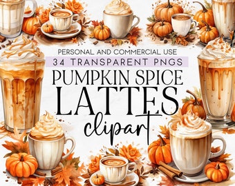 May include: A digital illustration of 34 watercolor pumpkin spice latte clipart images. The images include various styles of lattes, including iced and hot, with whipped cream and caramel drizzle. The images also include pumpkins, fall leaves, and cinnamon sticks.