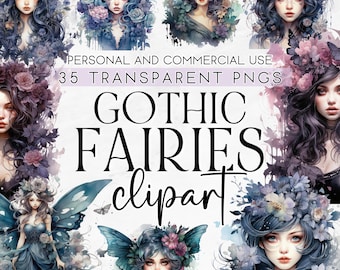 35 Gothic Fairy Clipart, Watercolor Dark Fairies, Commercial Use Clipart, PNG Clipart, Magical Fairies, Gothic Clipart, Gothic Fantasy PNG