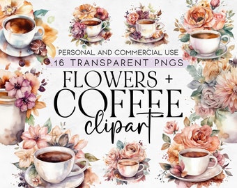 16 Watercolor Coffee and Flowers Clipart, Commercial Use Clipart, Transparent PNG, Instant Download, Coffee Watercolor Clipart, Cute Coffee