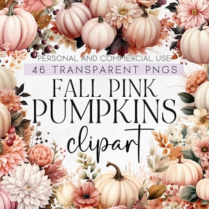 46 Fall Pink Pumpkins with Flowers Clipart Bundle, Commercial Use Clipart, Transparent PNG, Pink Pumpkin Clipart, Pink Halloween Clipart