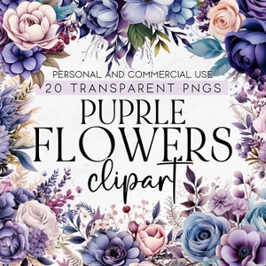 20 ramos florales púrpuras, imágenes prediseñadas florales de acuarela púrpura, imágenes prediseñadas de ramo púrpura, imágenes prediseñadas de uso comercial, PNG, imágenes prediseñadas de flores de ramo