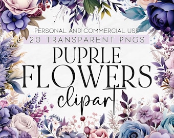 20 Purple Floral Bouquets, Purple Watercolor Floral Clipart, Purple Bouquet Clip Art, Commercial Use Clipart, PNG, Bouquet Flowers Clipart