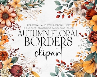 May include: A digital clipart set of 17 autumn floral borders. The borders are made up of various fall flowers in shades of orange, yellow, red, and brown. The flowers are arranged in a circular pattern, creating a border effect. The background is transparent.