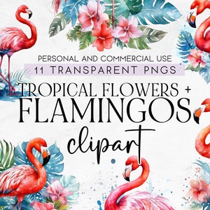 11 Tropical Flamingo Clipart PNG, Commercial Use Flamingo Clipart, Tropical Floral Flamingo PNG, Watercolor Tropical Flowers, Transparent