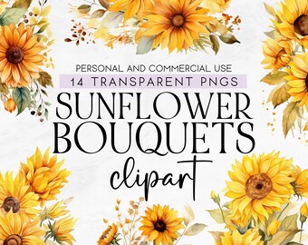 May include: A digital clipart set of 14 watercolour sunflower bouquets. The sunflowers are yellow with brown centres and green leaves. The bouquets are arranged in a variety of styles.  "PERSONAL AND COMMERCIAL USE 14 TRANSPARENT PNGS SUNFLOWER BOUQUETS clipart" is written in black text on a white background.