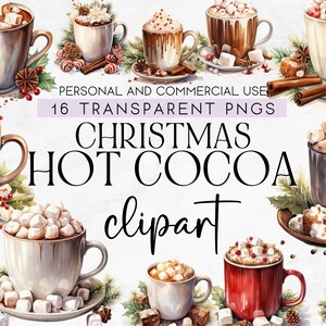 16 Christmas Hot Cocoa Mug Clipart, Commercial Use Clipart, Transparent PNG, Christmas Drinks Clipart, Cozy Christmas Clipart, Christmas Mug