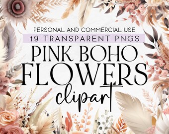 19 Pink Boho Flowers and Feathers Clipart, Pink and Blue Boho, Boho Floral Clipart, Commercial Use Clipart PNG Clipart, Boho Wedding Clipart