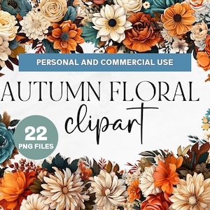 22 Imágenes prediseñadas florales de otoño, imágenes prediseñadas de flores de otoño, boda de otoño, imágenes prediseñadas de uso comercial, imágenes prediseñadas PNG, flores de otoño, flores de terracota