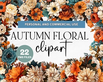 22 Autumn Floral Clipart, Autumn Flowers Clipart, Fall Wedding, Commercial Use Clipart, PNG Clipart, Fall Flowers, Terracotta Flowers