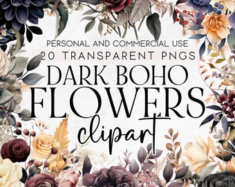 20 Dark Boho Flowers Clipart, Gothic Cliaprt, Gothic Flowers, Dark Flowers, Moody Boho Wedding, Dark Wedding, Commercial Use Clipart PNG