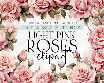 Op de afbeelding: Een digitale clipartset met 11 lichtroze rozen met groene bladeren. De rozen zijn in een cirkelvormige opstelling met de tekst "LIGHT PINK ROSES clipart" in het midden.