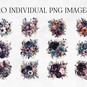 20 Dark Floral Clipart, Dark and Moody Florals, Commercial Use Clipart, PNG Clipart, Halloween Florals, Dark Wedding Flowers for Invitation image 3