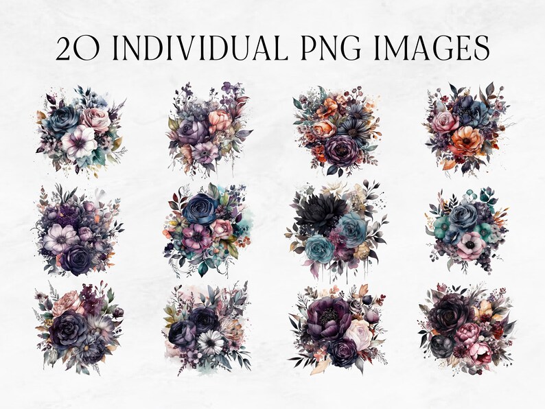 20 Dark Floral Clipart, Dark and Moody Florals, Commercial Use Clipart, PNG Clipart, Halloween Florals, Dark Wedding Flowers for Invitation image 3