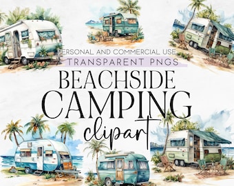 7 Beachside Camping Clipart, Watercolor Camping Scene Clipart, Commercial Use, Cute Camping Clipart, Caravan Clipart, Summer Camping PNG