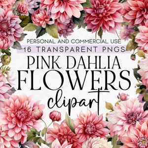 16 Fleurs de Dahlia roses Clipart, Clipart de mariage, Fleurs de mariage, Clipart à usage commercial, PNG transparent, Téléchargement instantané, Fleur rose PNG