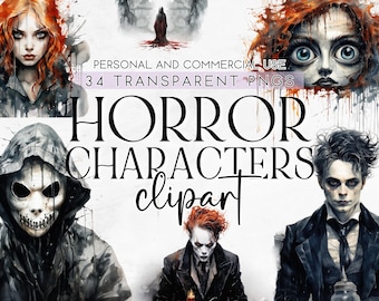 34 Horror Movies Characters Clipart, Halloween Clipart, Nightmare Clipart, Commercial Use, Halloween Character Illustration, PNG Clipart