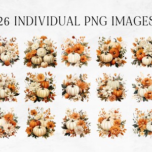 26 White Pumpkin Clipart, Watercolor White Pumpkins and Flowers Clipart ...