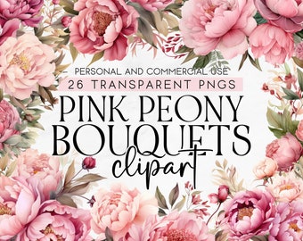 26 Pink Peony Bouquet, Floral Clipart Peonies, Commercial Use Clipart, Pink Floral Clipart, Watercolor Wedding Floral Clipart, PNG Clipart