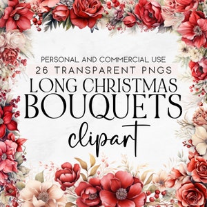 26 Christmas Floral Elements Clipart, Christmas Watercolor Clipart, Christmas Flower Bouquet, Commercial Use Clipart, Christmas Clipart PNG