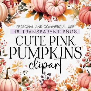 16 Cute Pink Pumpkins Clipart, Boho Halloween Pink Clipart, Autumn Clipart, Watercolor Fall Pumpkins Clipart, Commercial Use PNG Clipart