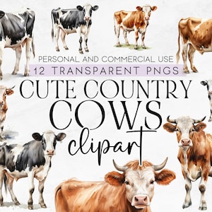 12 Cute Cow Clipart, Commercial Use Clipart, Transparent PNG, Cute Country Cows Clipart, Cow Watercolor Clipart, Digital Downloads, Clipart