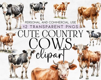12 Cute Cow Clipart, Commercial Use Clipart, Transparent PNG, Cute Country Cows Clipart, Cow Watercolor Clipart, Digital Downloads, Clipart