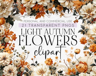 21 Light Autumn Floral Clipart, Commercial Use Clipart, Transparent PNG, Autumn Watercolor Floral Clipart, Autumn Floral Clipart, Fall PNG
