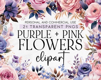 21 Purple and Pink Flowers Clipart,  Purple Wedding Flowers Clipart, Commercial Use Clipart, Transparent PNG, Pink and Purple Floral Clipart