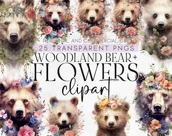 25 imágenes prediseñadas de osos y flores del bosque, imágenes prediseñadas de animales del bosque, imágenes prediseñadas de uso comercial, PNG transparente, descarga instantánea, imágenes prediseñadas de oso PNG
