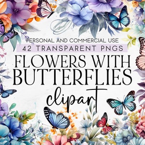 42 Watercolor Flowers with Butterflies Bundle, Floral Butterfly Watercolor Clipart, Commercial Use Clipart, PNG Clipart, Instant Download,