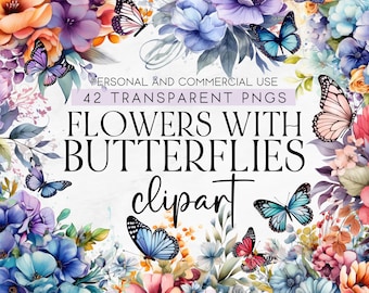 42 aquarel bloemen met vlinders bundel, bloemen vlinder aquarel clipart, commercieel gebruik clipart, PNG clipart, Instant Download,