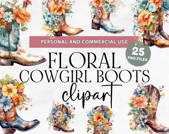 25 Floral Cowgirl Boots Clipart, Country Boots, Cute Country Boots with Flowers,  Commercial Use Clipart, PNG Clipart, Country Wedding PNG