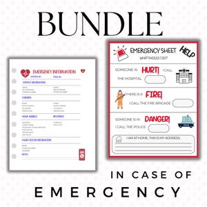 PACCHETTO Contatti di Emergenza, Schede informative di emergenza stampabili per l'assistenza all'infanzia, la pianificazione medica e di sicurezza, Raccoglitore "Per ogni evenienza" con schede di sicurezza
