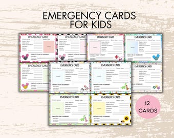 Fiches de contact d'urgence pour enfants, Modèle d'identification de sécurité pour enfants, Fiche d'identification médicale pour enfants, Informations d'urgence pour garderies, Ensemble de cartes de sécurité, Modèle de portefeuille ICE