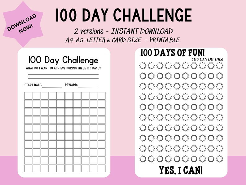 100 Day Challenge Template, Printable Tracker for Goals, Habit ...