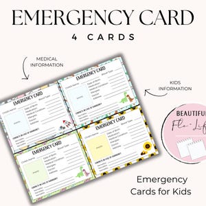 Cartão de emergência para impressão para crianças, informações de segurança infantil, modelo de identificação médica, cartão de contato de emergência para preenchimento, informações de segurança para crianças, PDF.