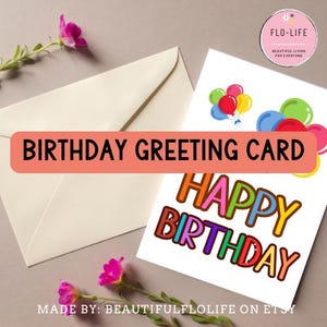 Tarjeta de feliz cumpleaños: tarjeta de cumpleaños imprimible con globos de colores. Descarga digital. Imprime en casa. Tarjeta de feliz cumpleaños. Regalo perfecto.