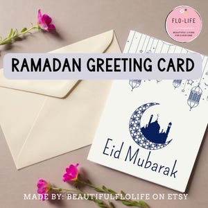 Cartão minimalista de comemoração do Ramadã - Cartão Eid Mubarak para impressão. Cartão muçulmano islâmico para presente e decoração do Ramadã. Download digital para Feliz Eid