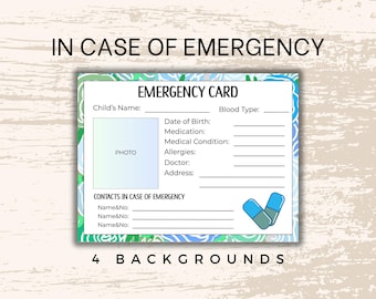 Modèle de fiche d'urgence pour enfants, informations médicales en cas d'urgence, identifiant de contact pour la sécurité des enfants, fiche imprimable pour l'école et les voyages, étiquettes médicales.