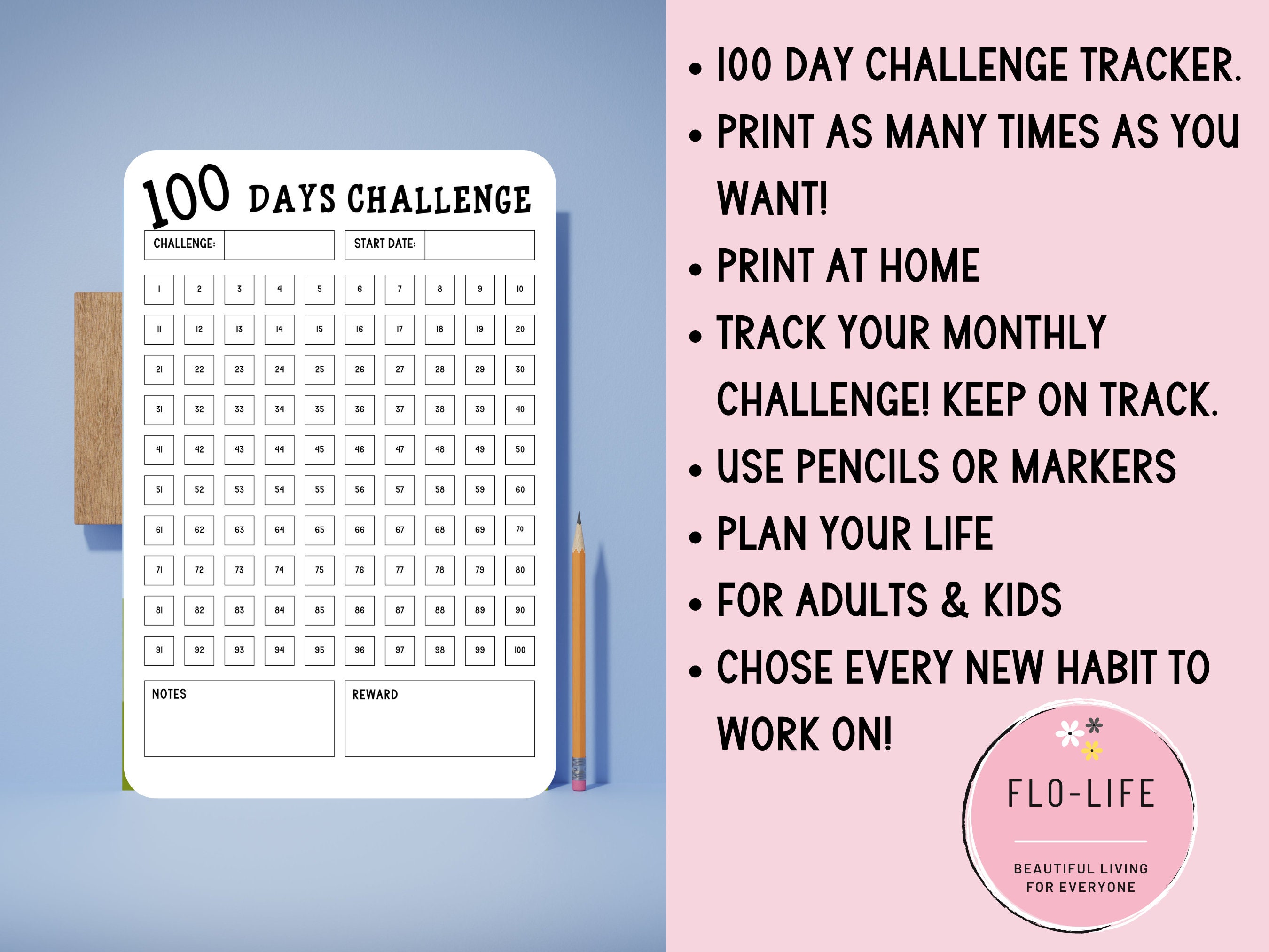 100 Day Challenge Template: Printable Habit Routine Tracker, Goal ...