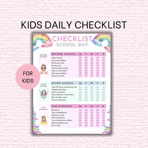 Roze prinses visueel schema voor kinderen, printbare checklist voor schoolroutine, dagelijkse takenlijst voor neurodivergente kinderen, ochtend en na schooltijd, meisjes