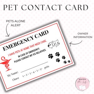 Pet Emergency Contact Card, Pet Safety Wallet Card, Emergency Pet Care Instructions, Dog Cat ID, Travel Alert, Essential Pet Owner Accessory