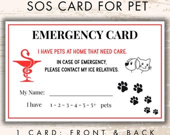 Pet Emergency Contact & Info Cards, Pet Safety Alert, Dog and Cat Digital Emergency Ice Info, Printable Wallet Card Pet Home Alone Card.