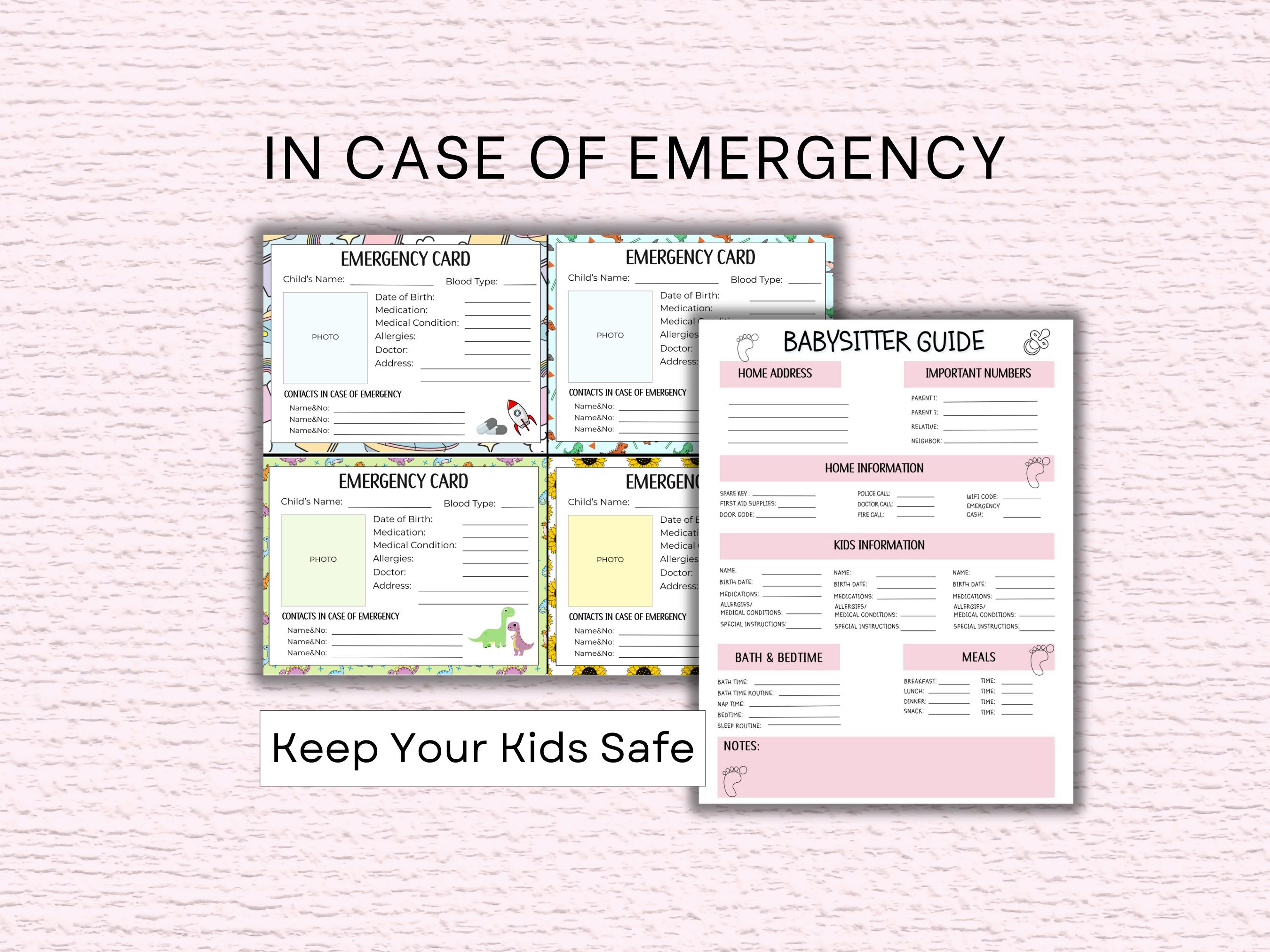 Sos Card Examples Emergency Contact Sheet Bundle: Family Info Pages for Child Medical and ...